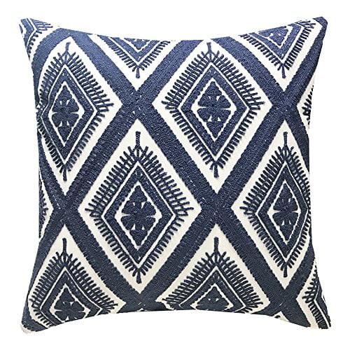 SLOW COW Embroidery Decorative Throw Pillow Cover Geometric Design Cushion Cover 18x18 Inches Navy Blue 
